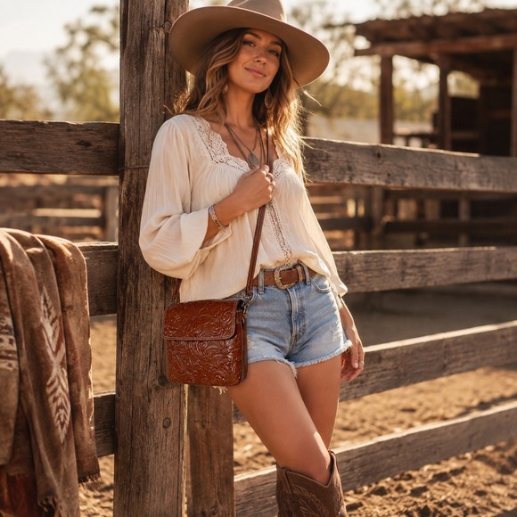 Patricia Nash Handbags - Patricia Nash Balluri Tooled Leather Crossbody Bag Cognac Floral Embossed Brown‎